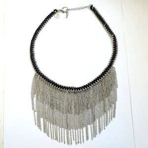 Layered Chain Fringe Collar Necklace Black Silvertone Chainmail Rocker Biker